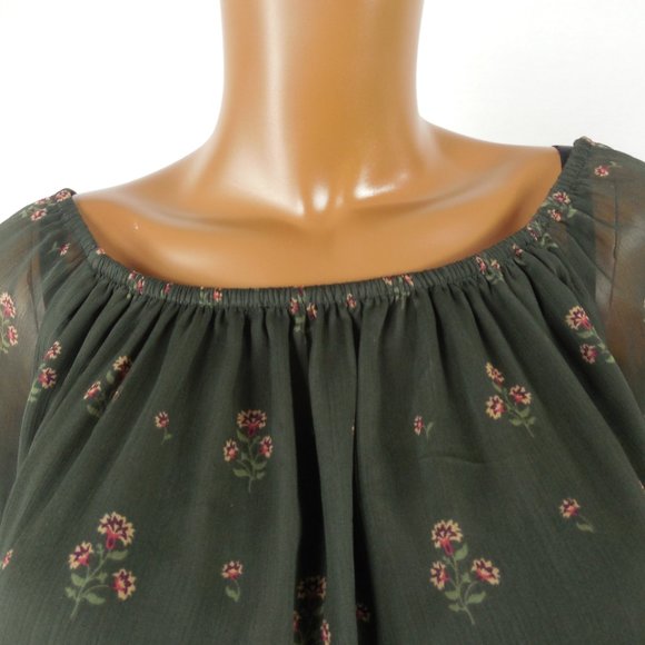 WHITE HOUSE BLACK MARKET Top L Green Blouse Party Lined Long Sheer Flared Sleeve - Picture 7 of 9